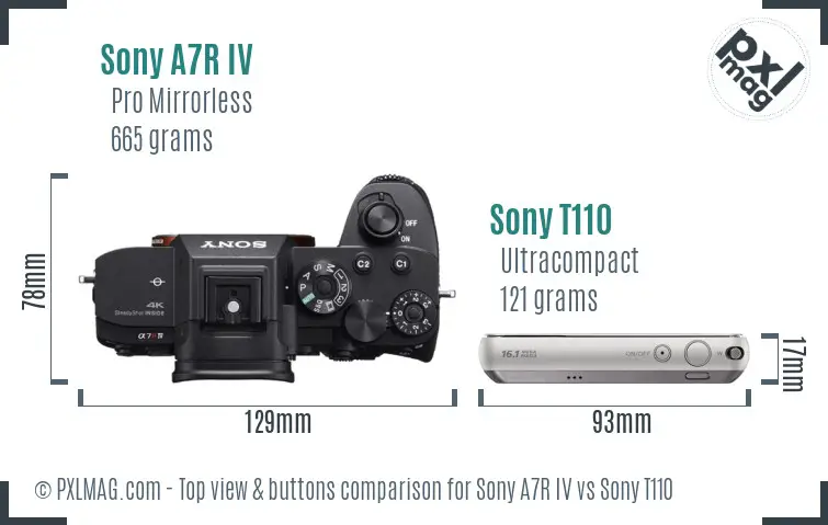 Sony A7R IV vs Sony T110 top view buttons comparison