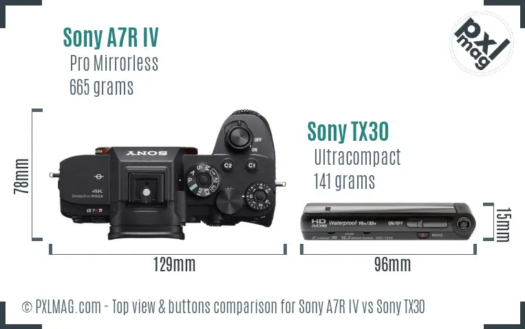 Sony A7R IV vs Sony TX30 top view buttons comparison