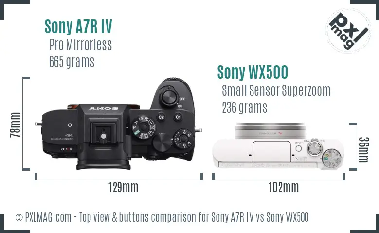 Sony A7R IV vs Sony WX500 top view buttons comparison