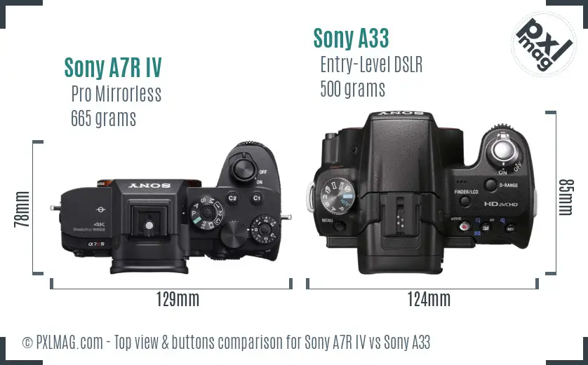 Sony A7R IV vs Sony A33 top view buttons comparison
