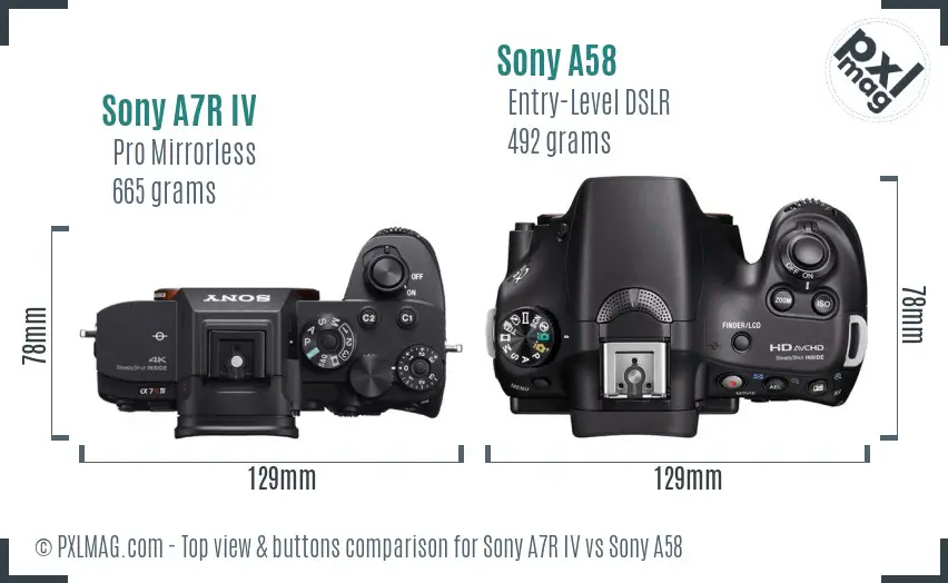 Sony A7R IV vs Sony A58 top view buttons comparison