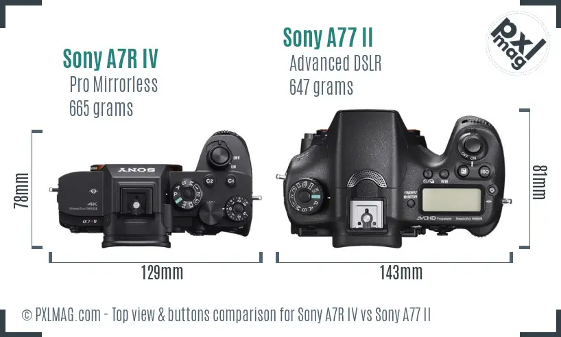 Sony A7R IV vs Sony A77 II top view buttons comparison