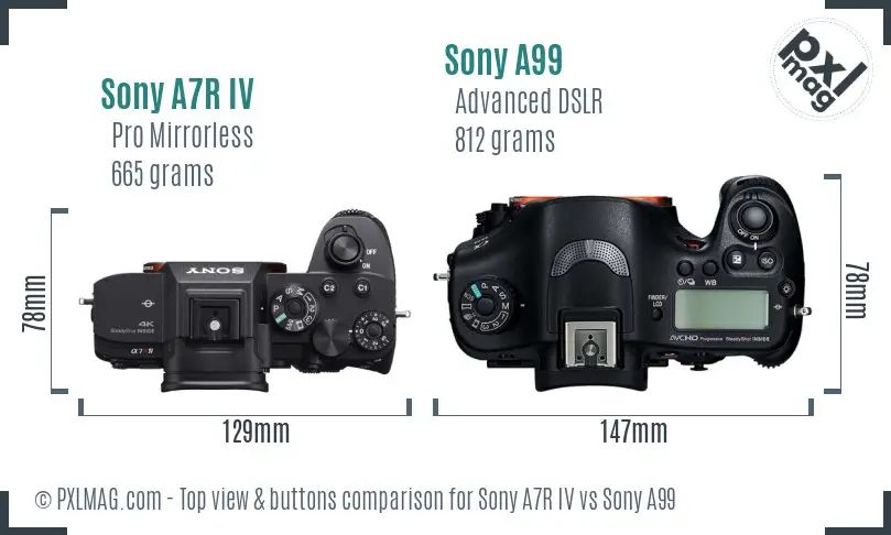 Sony A7R IV vs Sony A99 top view buttons comparison