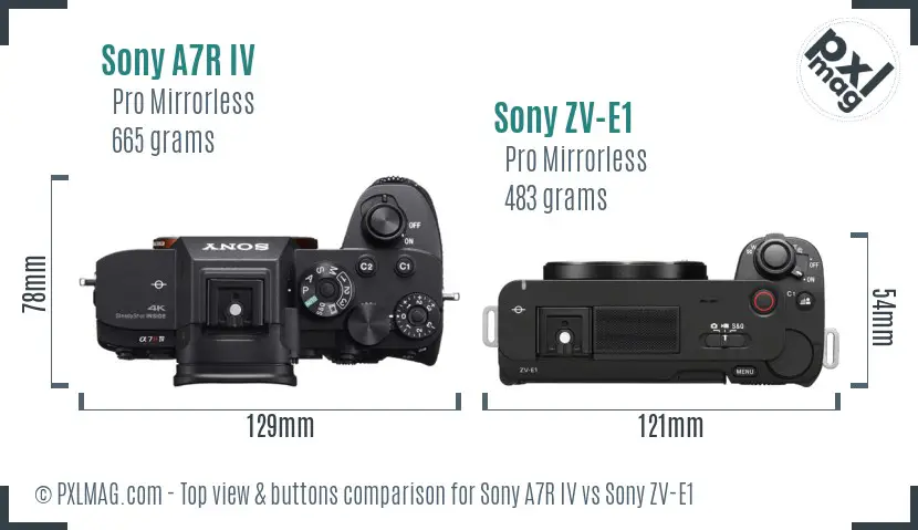 Sony A7R IV vs Sony ZV-E1 top view buttons comparison