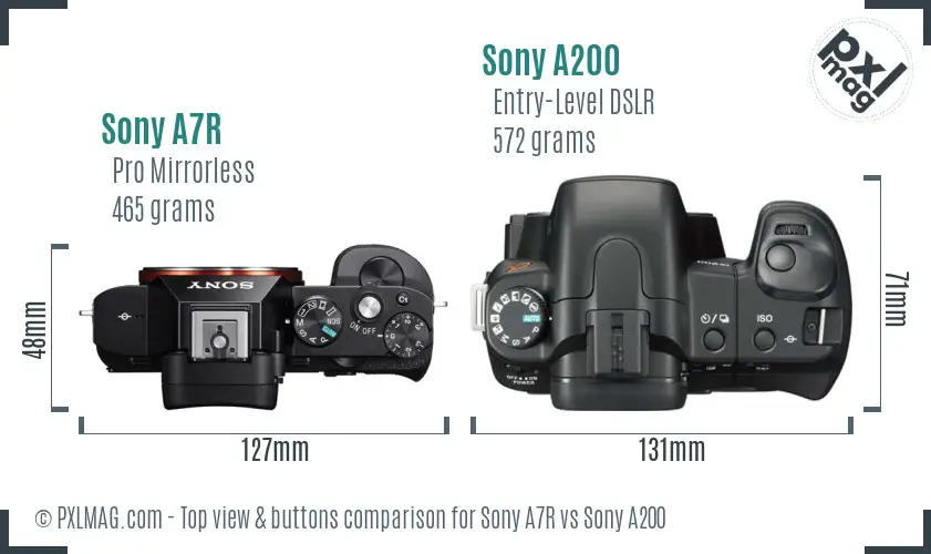 Sony A7R vs Sony A200 top view buttons comparison