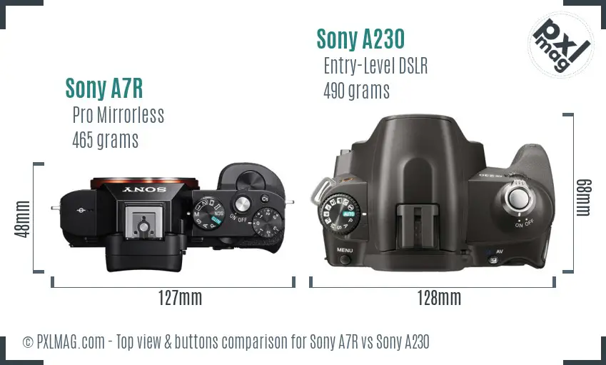 Sony A7R vs Sony A230 top view buttons comparison