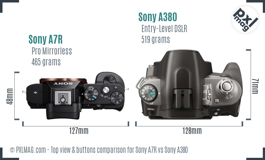 Sony A7R vs Sony A380 top view buttons comparison