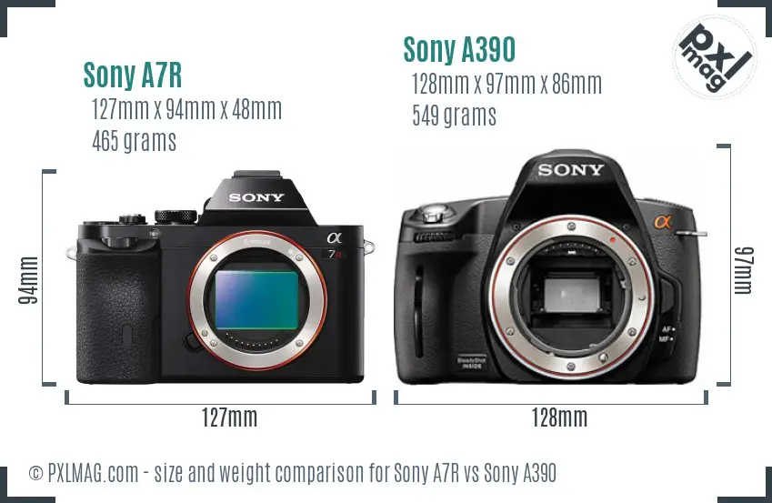 Sony A7R vs Sony A390 size comparison