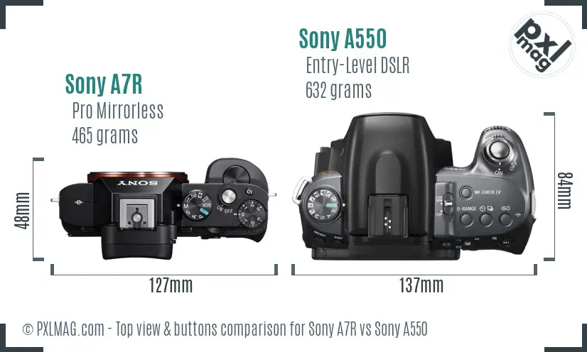 Sony A7R vs Sony A550 top view buttons comparison