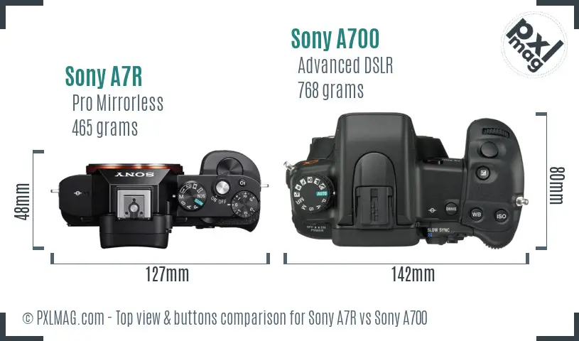 Sony A7R vs Sony A700 top view buttons comparison Sony A7R vs Sony A700 top view buttons comparison