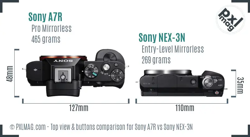 Sony A7R vs Sony NEX-3N top view buttons comparison Sony A7R vs Sony NEX-3N top view buttons comparison