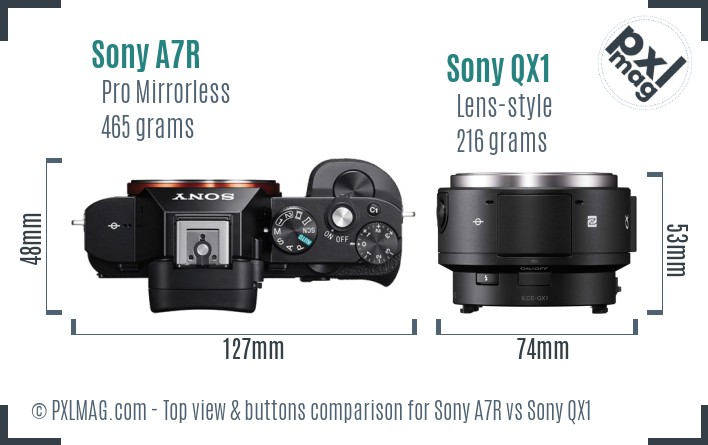 Sony A7R vs Sony QX1 top view buttons comparison