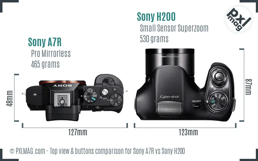 Sony A7R vs Sony H200 top view buttons comparison Sony A7R vs Sony H200 top view buttons comparison