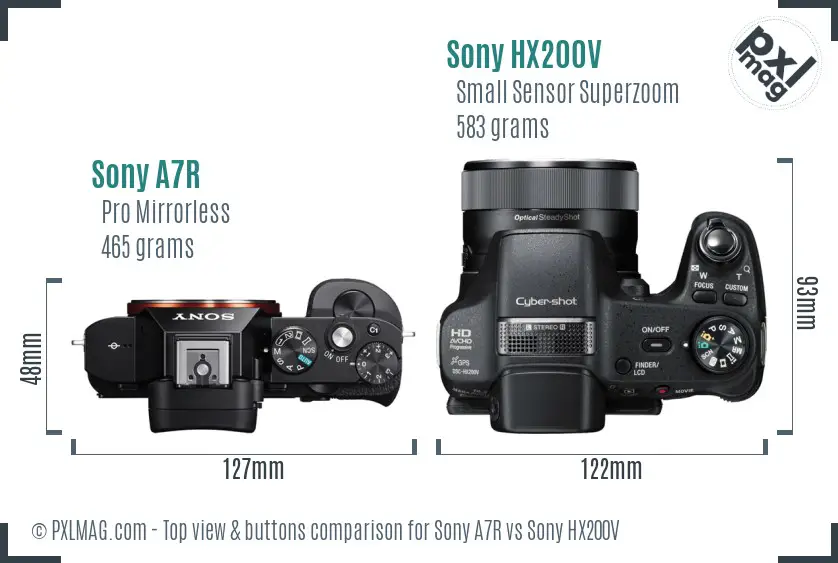 Sony A7R vs Sony HX200V top view buttons comparison