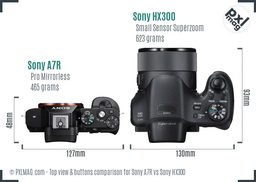 Sony A7R vs Sony HX300 top view buttons comparison
