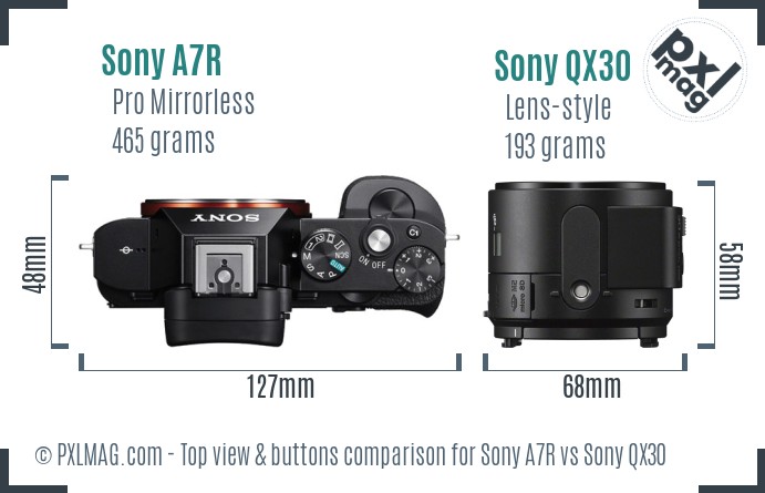 Sony A7R vs Sony QX30 top view buttons comparison