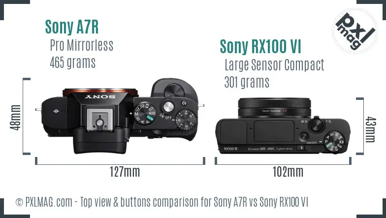 Sony A7R vs Sony RX100 VI top view buttons comparison