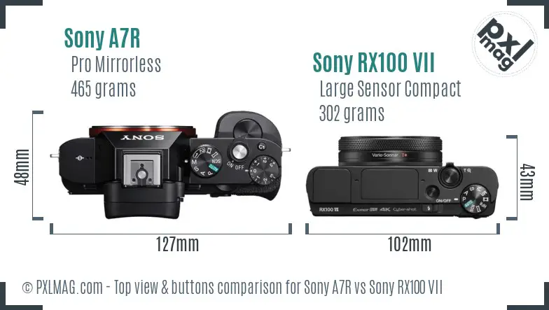 Sony A7R vs Sony RX100 VII top view buttons comparison