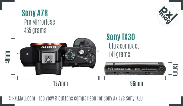 Sony A7R vs Sony TX30 top view buttons comparison