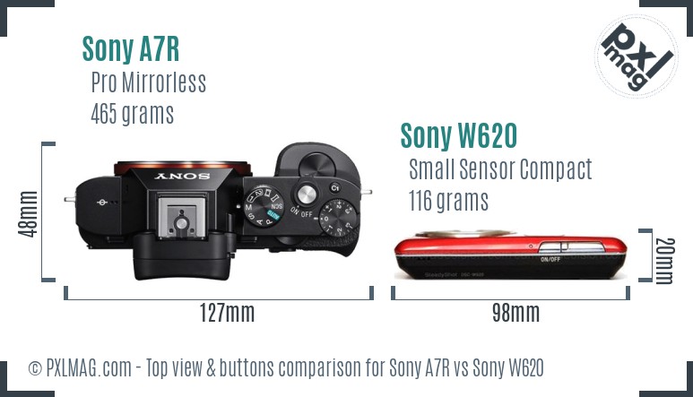 Sony A7R vs Sony W620 top view buttons comparison