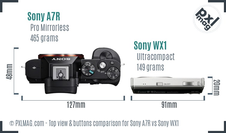 Sony A7R vs Sony WX1 top view buttons comparison
