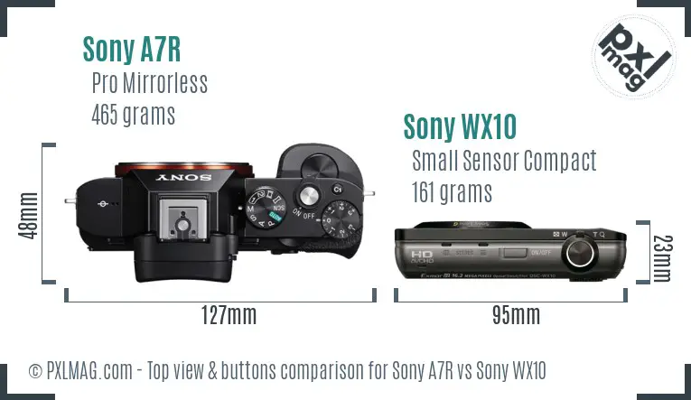 Sony A7R vs Sony WX10 top view buttons comparison