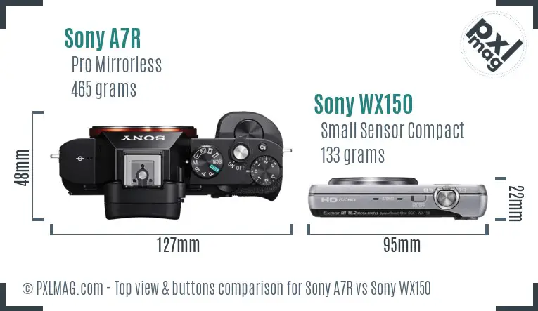 Sony A7R vs Sony WX150 top view buttons comparison