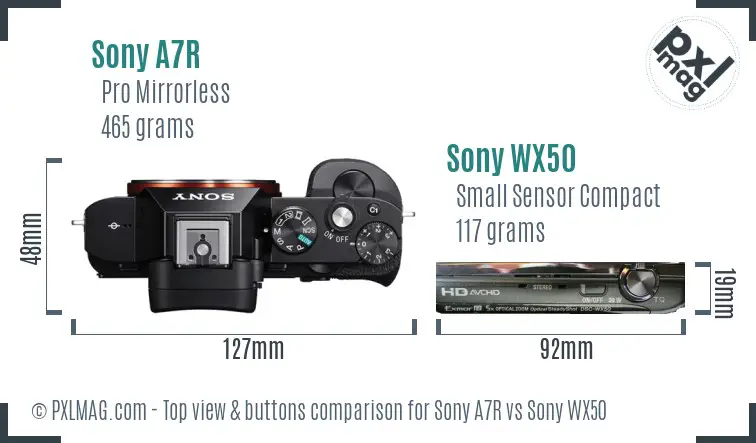 Sony A7R vs Sony WX50 top view buttons comparison