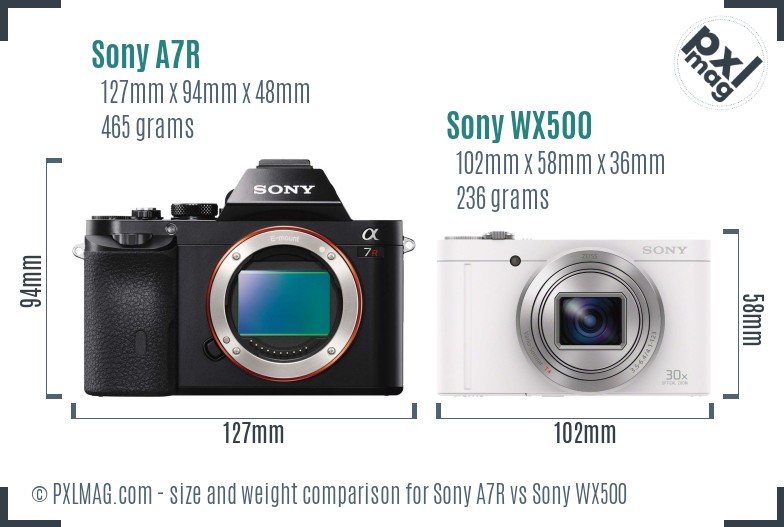 Sony A7R vs Sony WX500 size comparison