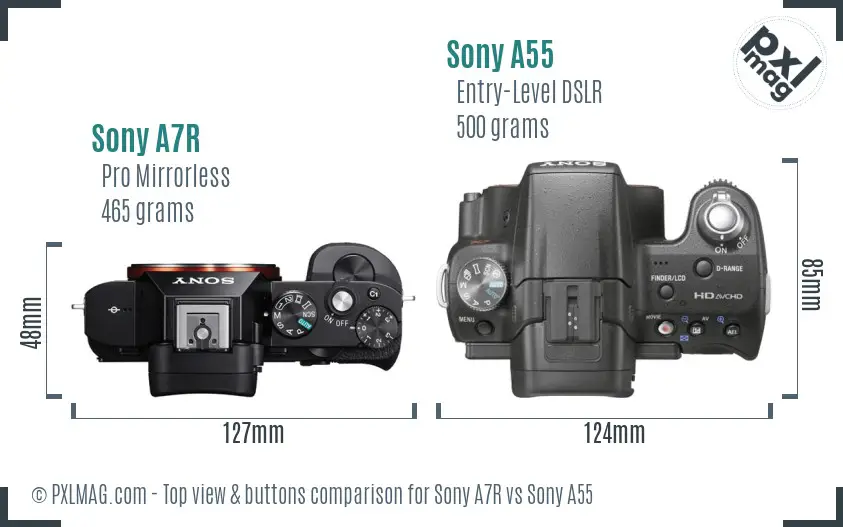 Sony A7R vs Sony A55 top view buttons comparison