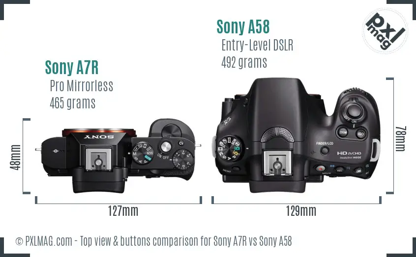 Sony A7R vs Sony A58 top view buttons comparison