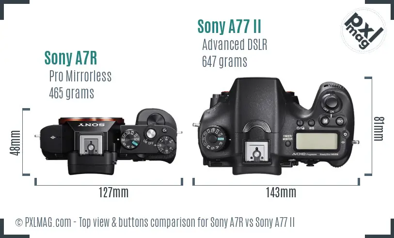 Sony A7R vs Sony A77 II top view buttons comparison