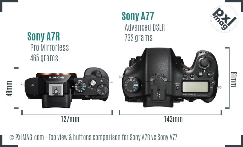Sony A7R vs Sony A77 top view buttons comparison Sony A7R vs Sony A77 top view buttons comparison