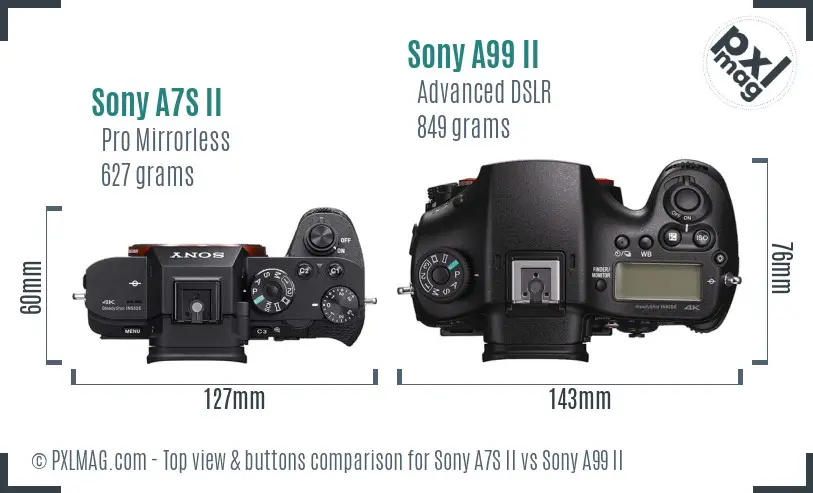 Sony A7S II vs Sony A99 II top view buttons comparison