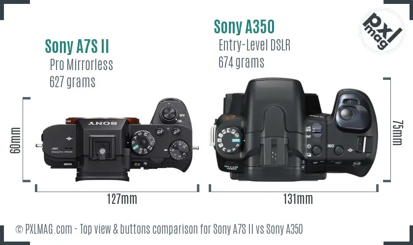 Sony A7S II vs Sony A350 top view buttons comparison Sony A7S II vs Sony A350 top view buttons comparison