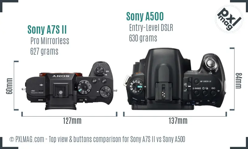 Sony A7S II vs Sony A500 top view buttons comparison