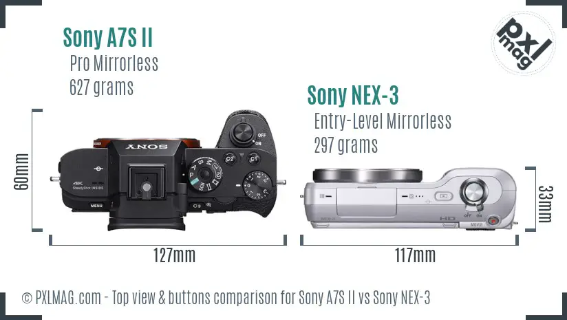 Sony A7S II vs Sony NEX-3 top view buttons comparison
