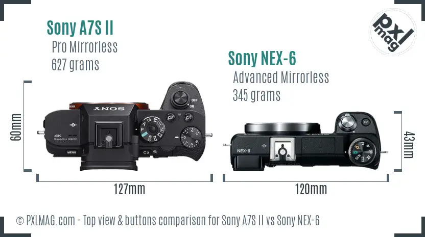 Sony A7S II vs Sony NEX-6 top view buttons comparison