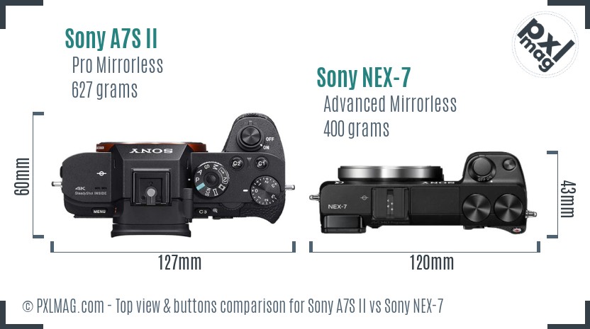 Sony A7S II vs Sony NEX-7 top view buttons comparison