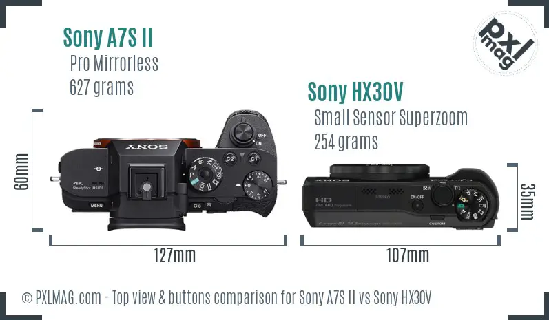 Sony A7S II vs Sony HX30V top view buttons comparison Sony A7S II vs Sony HX30V top view buttons comparison