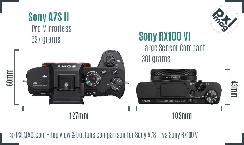 Sony A7S II vs Sony RX100 VI top view buttons comparison