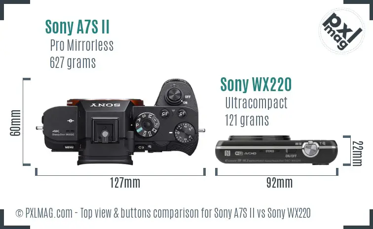 Sony A7S II vs Sony WX220 top view buttons comparison