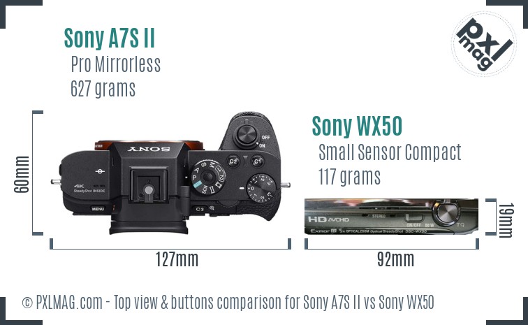 Sony A7S II vs Sony WX50 top view buttons comparison