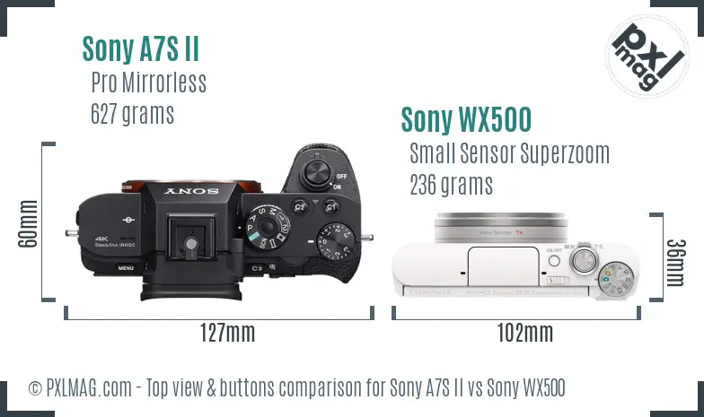 Sony A7S II vs Sony WX500 top view buttons comparison Sony A7S II vs Sony WX500 top view buttons comparison