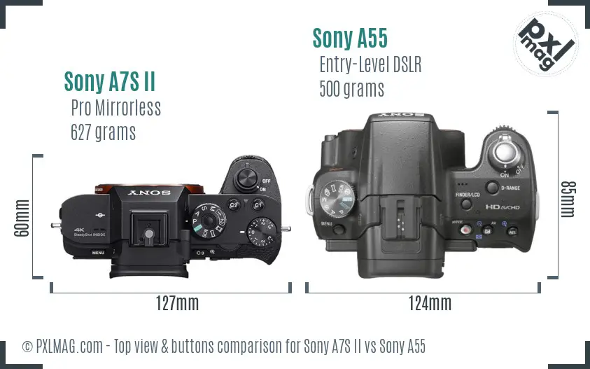 Sony A7S II vs Sony A55 top view buttons comparison