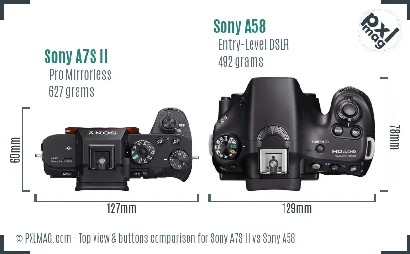 Sony A7S II vs Sony A58 top view buttons comparison