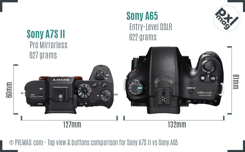 Sony A7S II vs Sony A65 top view buttons comparison