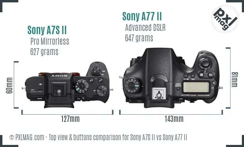Sony A7S II vs Sony A77 II top view buttons comparison