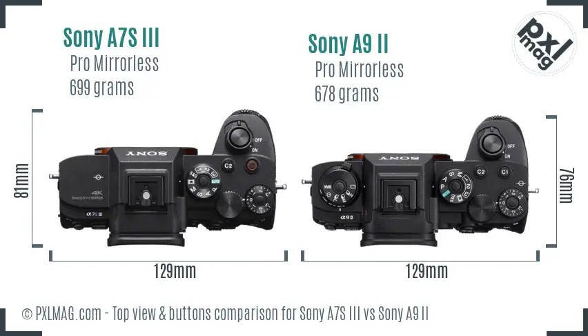 Sony A7S III vs Sony A9 II top view buttons comparison