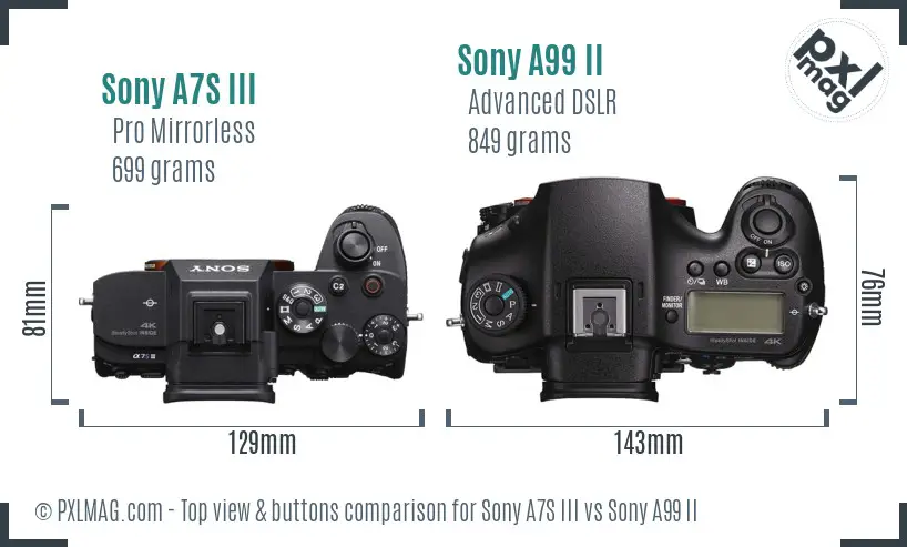 Sony A7S III vs Sony A99 II top view buttons comparison Sony A7S III vs Sony A99 II top view buttons comparison